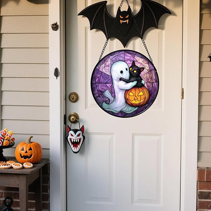 Stained Glass Window Hanging - Halloween Decorations Ghost Black Cat Pumpkin Suncatcher for Door Garden Spooky Purple Sun Catchers Gothic Decor Horror Gifts for Women Men Friend Boy 15 in