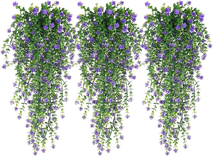 RECUTMS Vine Plant Fake Ferns Plants Large Faux Artificial Hanging Plants Wall Plants Artificial Hanging Plants Outdoors Fake Hanging Plant Greenery Vine for Outdoor Plants Decor 3 Pcs(Purple)