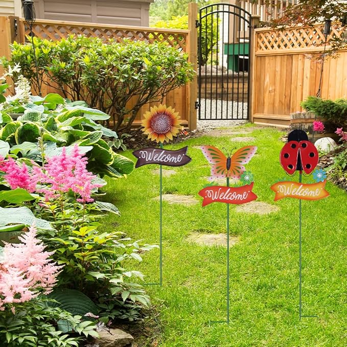 YEAHOME Garden Decor for Outside, Set of 3 Metal 33” Decorative Garden Stakes with Butterfly Ladybug Sunflower for Spring Decorations, Welcome Yard Sign Art Stakes for Outdoor Lawn Backyard Porch
