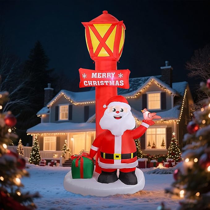 8FT Christmas Inflatable Yard Decoration, Giant Blow Up Lighthouse with Santa and Redbird with Built-in LED Lights for Front Door Lawn Garden Holiday Display Indoor Outdoor Decor