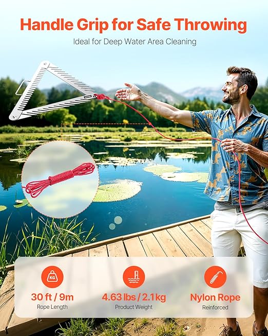 VEVOR 24in Aquatic Weed Rake, 3-Sided Lake Weed Rake with Handle, Portable and Foldable Pond Water Grass Razor, Stainless Steel Throwable Floating Pond Weeds Cutter with 30 ft Rope, for Lakes Ponds
