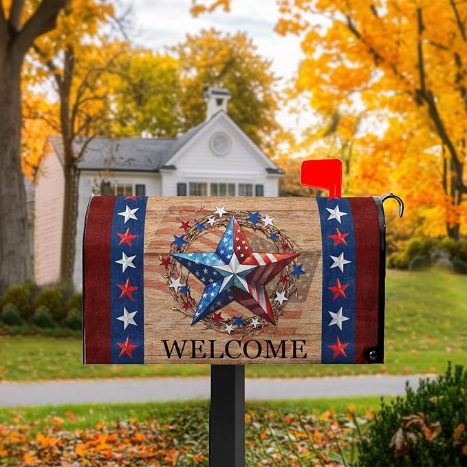 4th of July Mailbox Cover Patriotic Mailbox Covers Magnetic Welcome Post Letter Box Cover Star Mail Box Wrap Home Decor Outdoor Yard Decoration for Garden Standard Size 21x18 inch