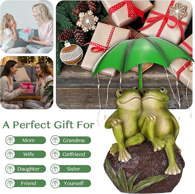 Solar Garden Statues Decor Frog Couple with LED Lights and Umbrella, Outdoor Garden Statues, Frog Statue for Patio, Balcony, Housewarming, Yard Ornaments Gifts for Women