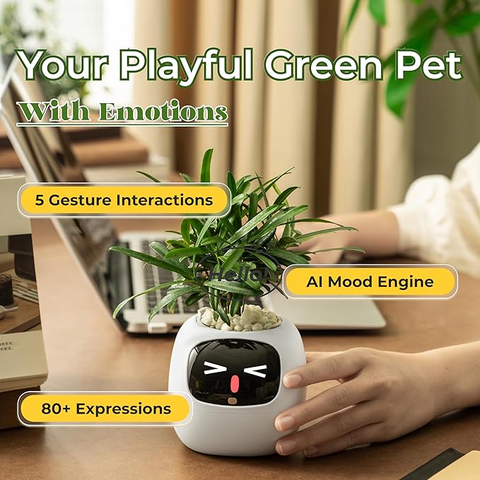 Ivy AI Smart Plant Pot with Emoji Intelligent Planter Robot for Houseplants Tamagotchi Flower Pot Stylish Plantagotchi Home Decor(Ivory)