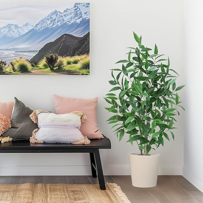 Artificial Eucalyptus Tree, 4ft Tall Fake Silk Plants with Pot, Lifelike Leave and Braches, Realistic Artificial Plants for Home Office Living Room Decor Indoor