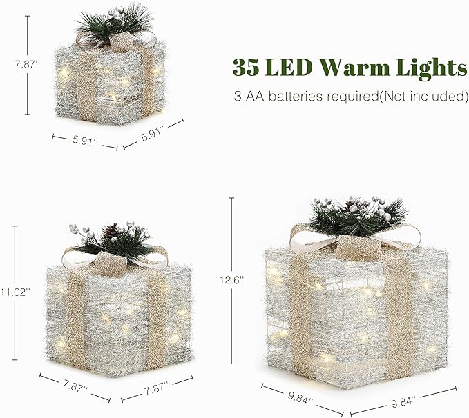 LuxenHome Set of 3 Lighted Gift Boxes, Battery Operated Silver Tinsel with Gold Ribbon Bow Boxes for Xmas, Lawn, Porch, Under Tree Indoor, Outdoor Christmas Decorations