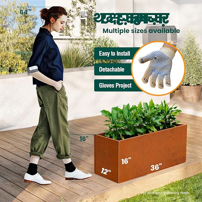 Corten Steel Planter Box Metal Outdoor Large Rectangular Rustic Durable Antique Detached for Commercial Residential Patio Deck and Backyard 36" x 12" x 16"