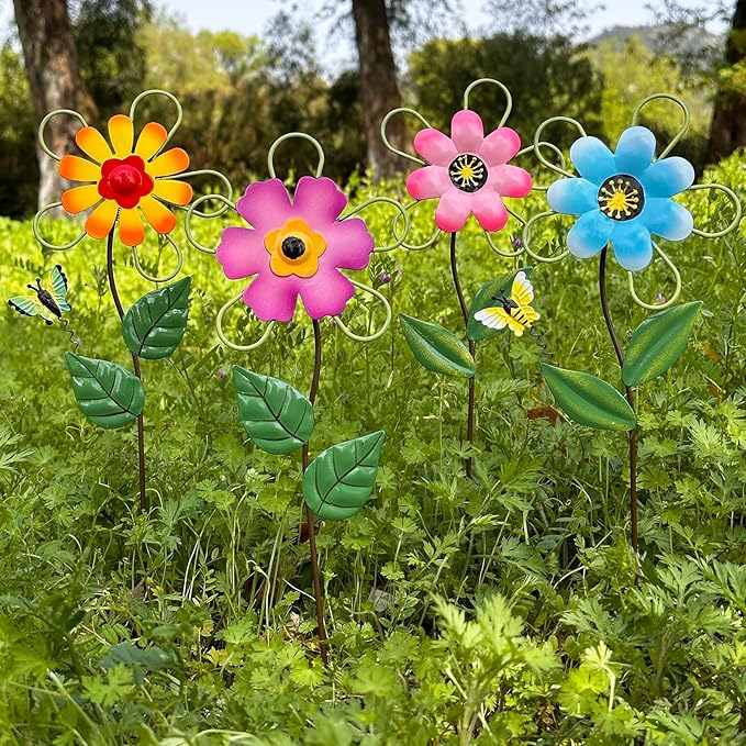 Metal Flowers for Outside, 15.85" 4-Pack Decorative Garden Stakes for Spring Garden Decor, Shaking Head Yard Art Decorations for Patio Porch Lawn Ornaments