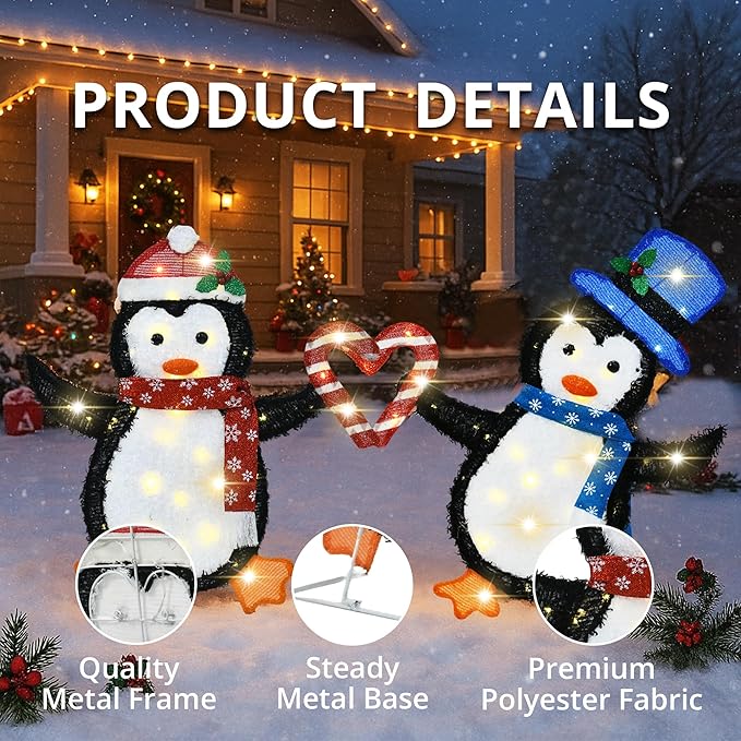 32" H Penguin Lights Outdoor Christmas Decorations, 2D Pre-lit Cute Holiday Lawn Lights Decors, Flat Xmas Yard Decor, 80 Warm White LEDs, Perfect for Garden, Driveway, Porch, 2-Piece Set