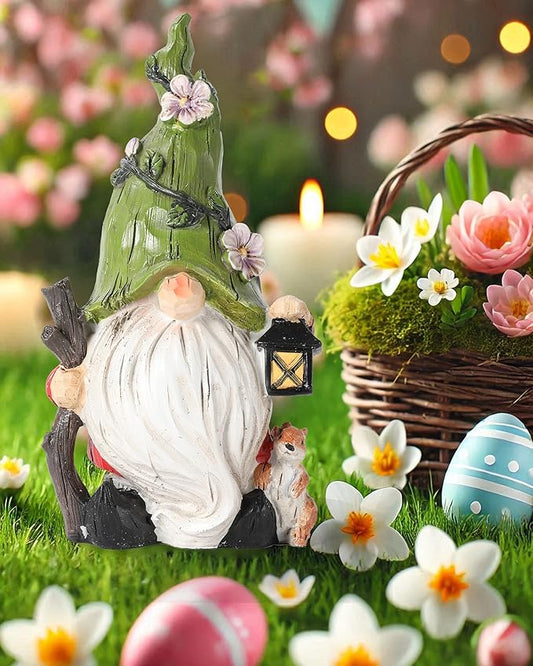 Hand-Painted Resin Garden Gnome with Squirrel Figurine - 9.1" Tall Summer and Spring Decorations for Home, Yard, and Garden - Unique Gnome Gifts for All Ages (Green)