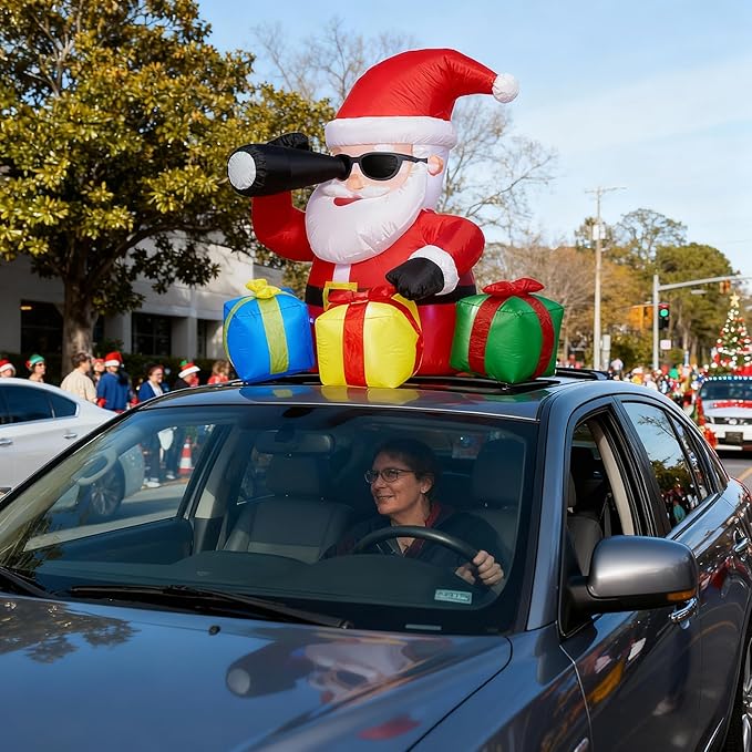 5 FT Christmas Rooftop Inflatable Santa with Telescope & Lighted Gift Boxes for Cars, SUVs, Trucks & Golf Carts, Blow Up Yard Decoration for Lawn, Garden & Indoor Holiday Display