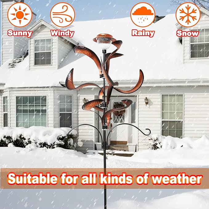 81" Metal Wind Spinner with Solar LED Light & Hanging Hooks - Rustic Copper Finish Kinetic Yard Art for Garden, Patio, Lawn - Outdoor Decor Stake