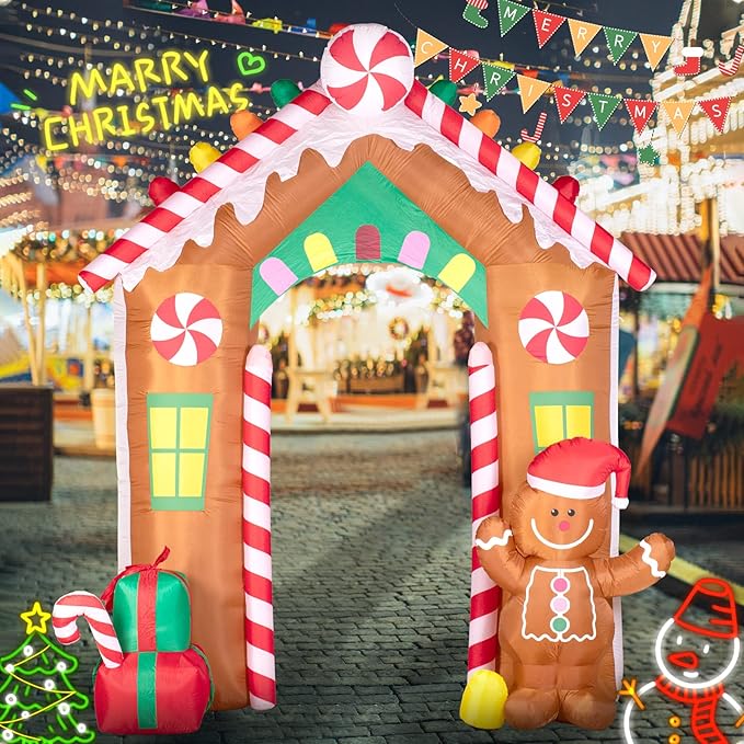 Hioasis 10 FT Christmas Inflatable Decorations - Archway with Gingerbread Man and Gift Box X-mas Outdoor Inflatables with LED Lights Built-in Perfect for Christmas Party&Holiday&Yard&Garden
