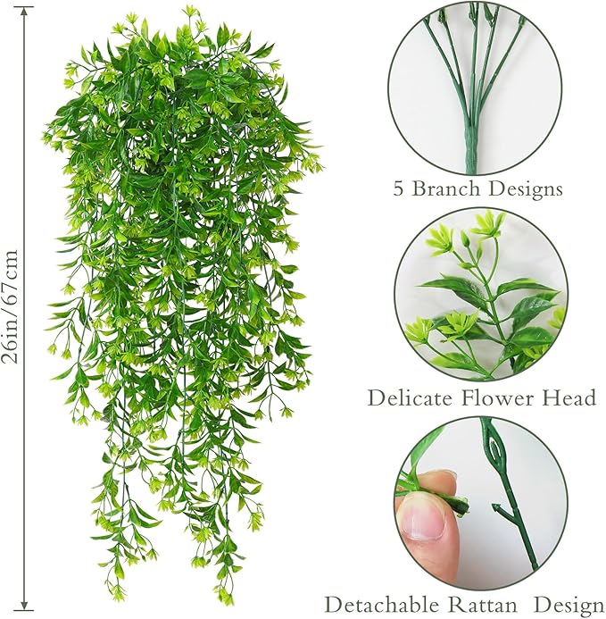 TOCHGREEN 4Pcs Artificial Hanging Plants Fern Vine, Faux Plastic Plants Fake Ivy Vine Greenery Garland with Green Flower, Outdoor Indoor Decorations for Living Room Garden Wall Home Decor (Green)