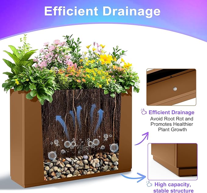 Tall Metal Planter, 15" W×16.3" H Large Rectangular Planter Box for Outdoor or Indoor, All-Weather Durable Plant Box with Drainage Holes & Removable Shelf for Patio, Porch, Garden, Trees, Flowers
