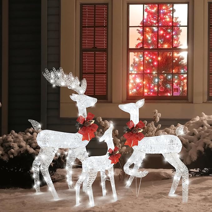 VINGLI Lighted Reindeer Christmas Decoration 3-Piece Deer Family Set for Outdoor Decor, Pre-lit 270 LED Christmas Deers for Outdoors Yard Ornament with Stakes, Zip Ties-White