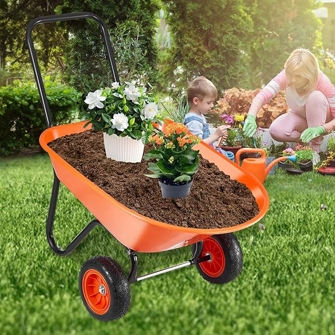 VEVOR Wheelbarrow Cart, 5 Cu. Ft. Load & 397 lbs Capacity, 2 Wheels Garden Dump Cart, Garden Wagon with Handle & 10" Wide Track Wheels, Easy Loading Utility Yard Cart & Wagons for Outdoor Lawn Yard