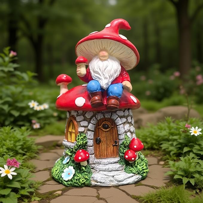 Solar Garden Gnome Decorations Outdoor Statue, 8.3" Fairy Gnomes House Ornaments for Outside, Mushroom Decor for Yard Patio Lawn Proch, Gardening for Women Mom Grandma Kids