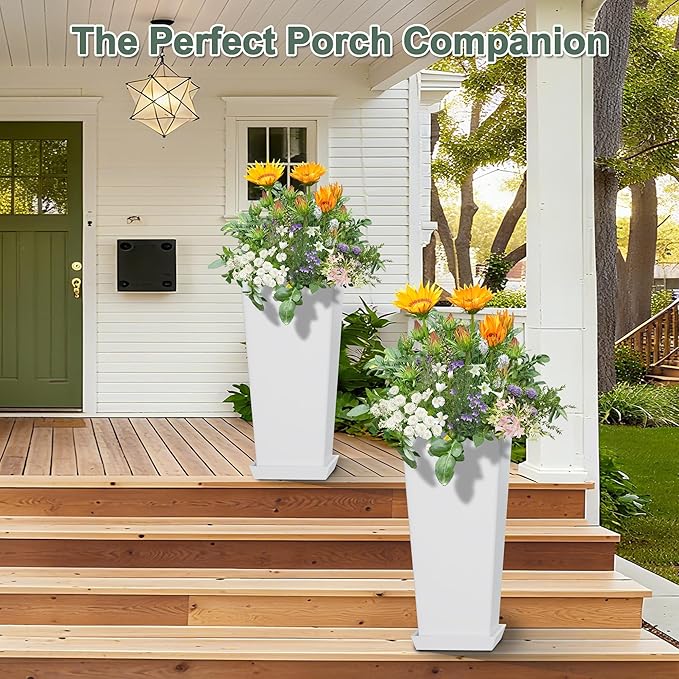 Set of 2 Tall Planters for Outdoor Plants with Drainage Tray, 24" Large Flower Pots for Front Porch Decor, Patio, Garden (White 24")