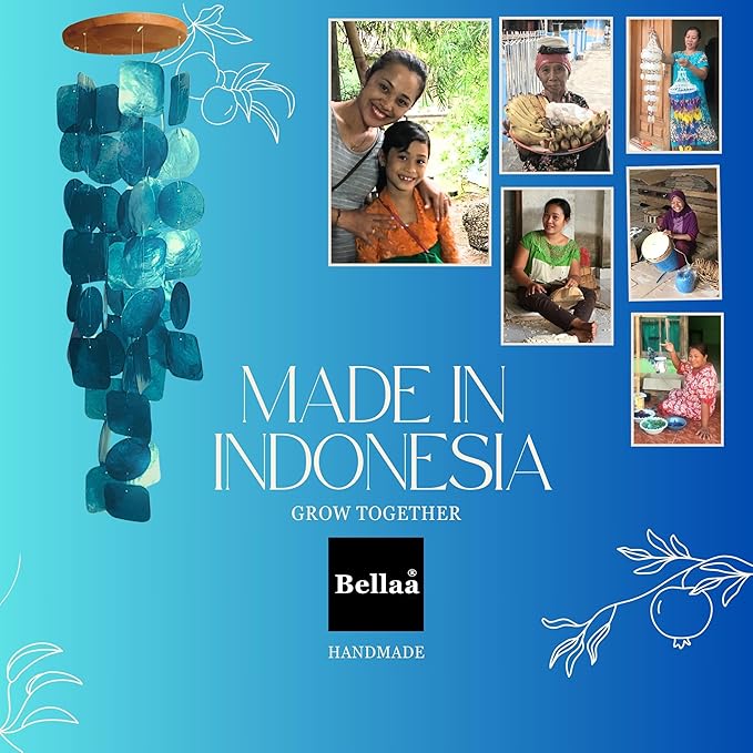 Bellaa Wind Chimes Outdoor, Garden Decorations, Musical, Indoor/Outside Windchimes, Beach, Ocean, Breeze, Gifts for Mom, Gift for All Occasions, Capiz Sea Glass Shells Wood 1 Rainbow