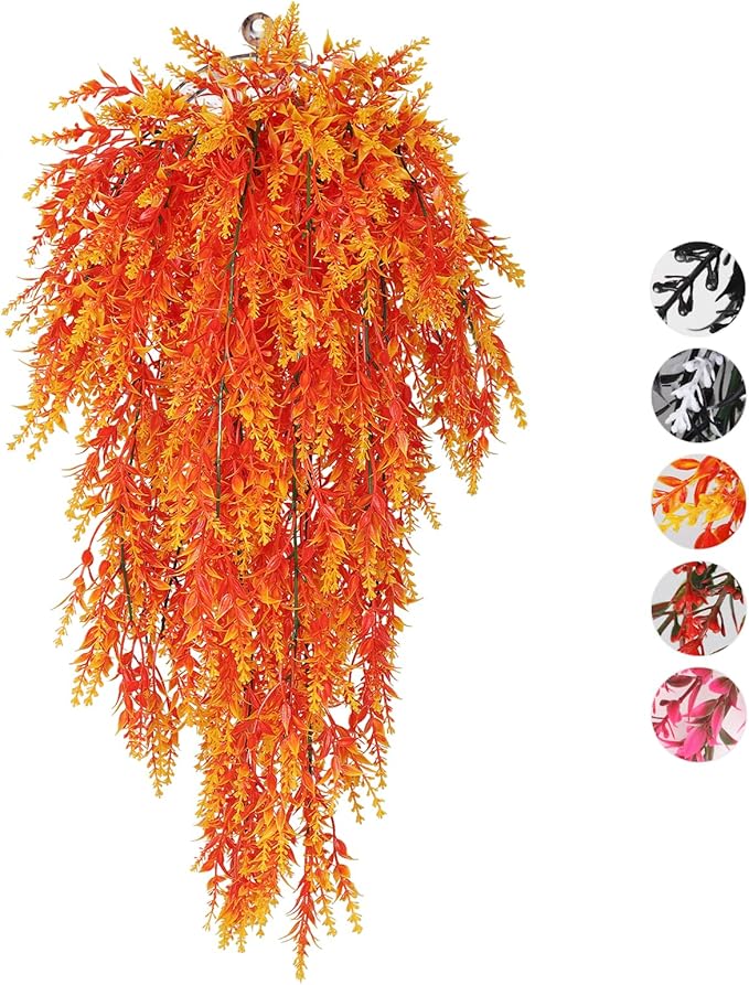 RECUTMS Artificial Hanging Plants Fake Faux UV Resistant Lavender Flowers Indoor Outside Decorations,4 Packs (Sunset)