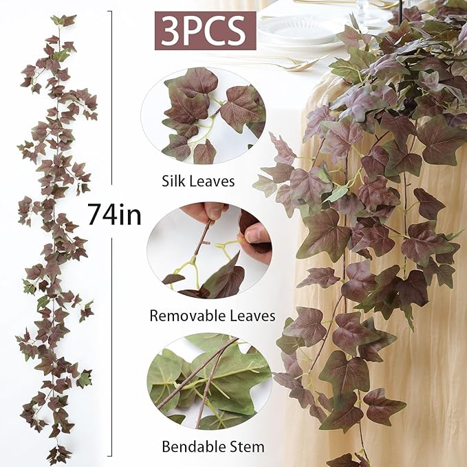 Mizii 3 Strands Artificial Vines Ivy Garland 74" Fake Vine with Silk Green Leaves Faux Hanging Plants Greenery Decoration for Outdoors Wedding Party Indoor Bedroom Home Wall Room Decor (Purple Green)
