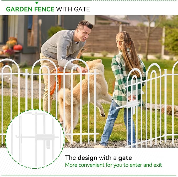 10 Panels Decorative Garden Fence with Gate, 42in(H)×21.6ft(L) Tall No Dig Fence Animal Barrier, Metal Tube Garden Edging Border, Reusable Ground Defense Temporary Fencing for Outdoor Yard, White