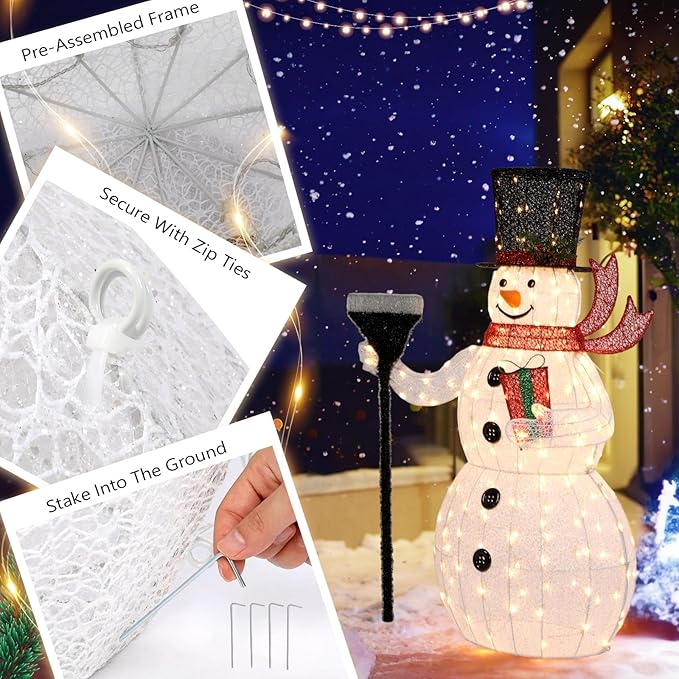 VINGLI 5FT Outdoor Snowman Christmas Decorations, Lighted Outdoor Snowman w/200 LED Lights, Tall Hat, Red Scarf, Ground Stakes, Zip Ties for Indoor, Yard, Outside Xmas Decor