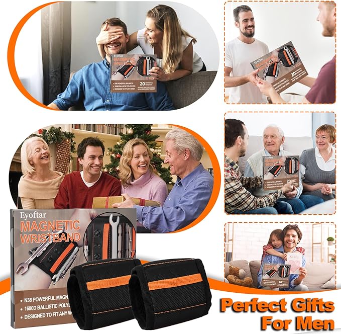 Magnetic Wristband for Tools (2-Pack) - Tool Belt for Men & Women - Heavy Duty 20-Magnet for Hands-Free DIY & Construction, Holds Screws, Nails, Bits - Ideal Gift for Handyman, Husband, Dad, Grandpa