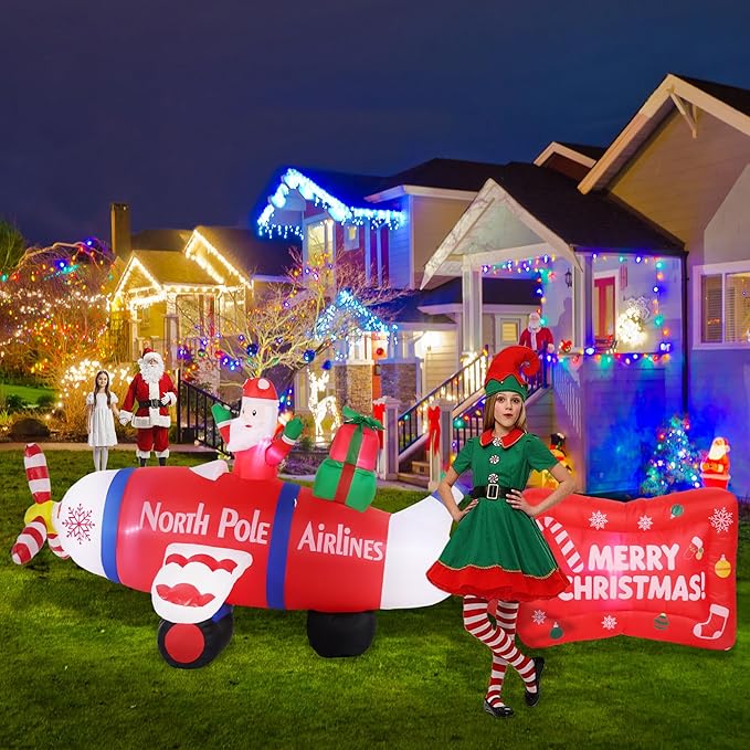 14FT Long Christmas Inflatables Decorations, Outdoor Santa Airplane Decoration, Giant Blow Up with with Built-in LED Lights for Yard Garden Lawn Holiday Decor