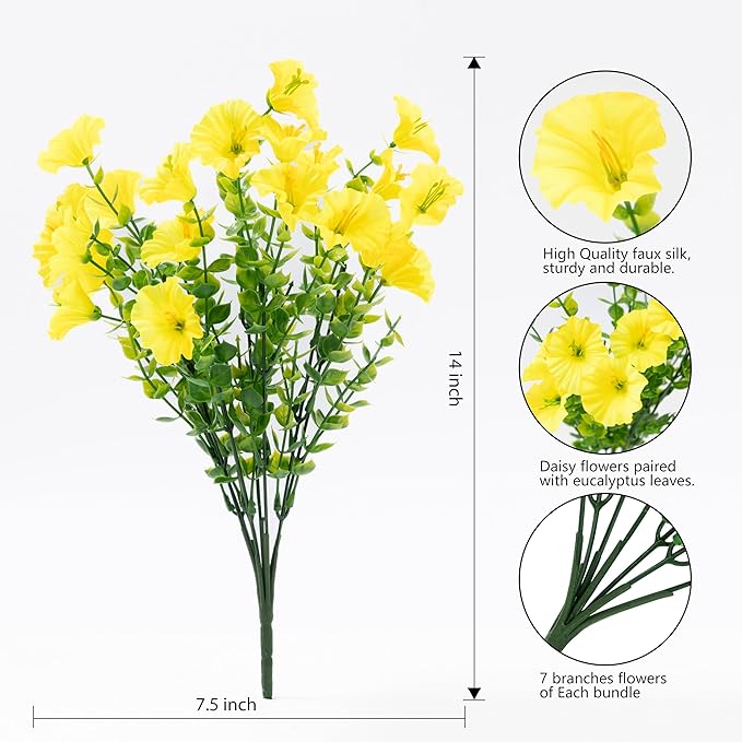 Artificial Flowers for Outdoor Indoor Garden Home Decoration, Faux Flower Daisy with Eucalyptus Leaves Fake Plants Greenery Boxwood Porch Patio, 12 Bundles