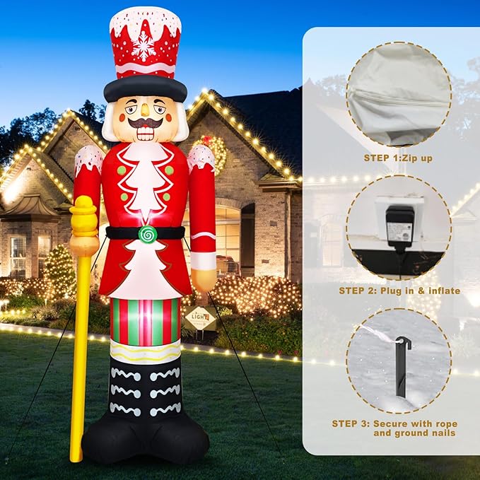 Christmas Inflatables Nutcracker Decoration Blow Up 8FT Santa Figurine Red & White Soldier with Candy Cane Stripes, Staff & Crown Hat Festive Holiday Decor for Lawn, Garden Xmas Display