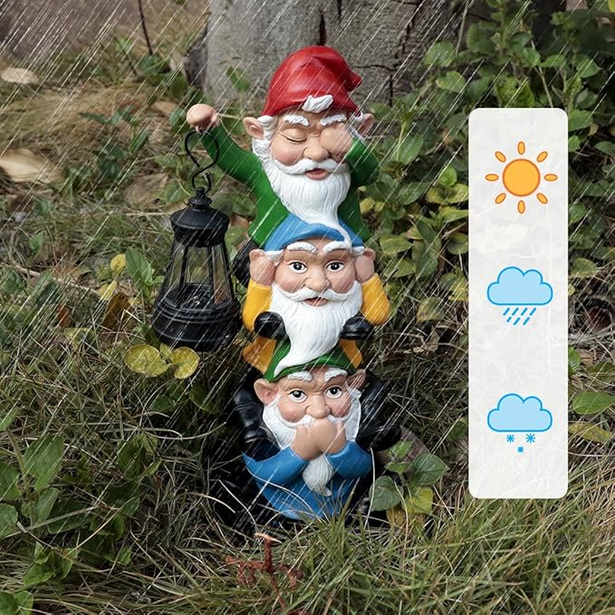 Funny Garden Gnome Statues with Solar Lights Outdoor Decorations, Triple Gnome Statues Unseen Unheard Unspeak Sculptures Outdoor Patio Lawn Yard Garden Decor Housewarming Gifts
