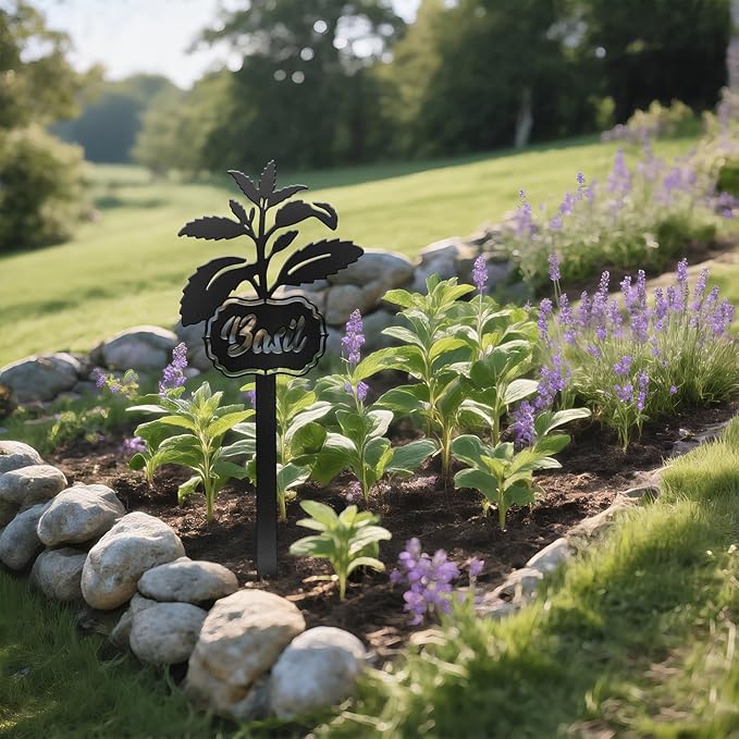 CUTHOLLOW Metal Plant Marker Stake Basil for Outdoor Indoor, Waterproof 11.8 inch Cute Garden Plant Labels Sign Tag for Vegetables, Farmhouse Greenhouse Decor - Funny Gardening Gifts