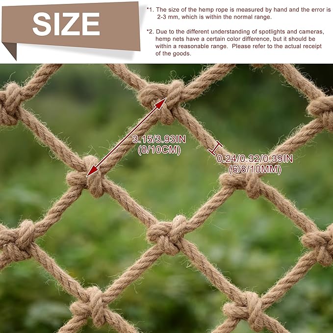 Safety Hemp Rope Net Kids Climbing Tree House Children Netting Balcony Stairs Fence Railing Garden Playground Protection Heavy Duty Indoor & Outdoor Decor Rope Net 8mm/8cm 6.6x6.6ft(2x2m)