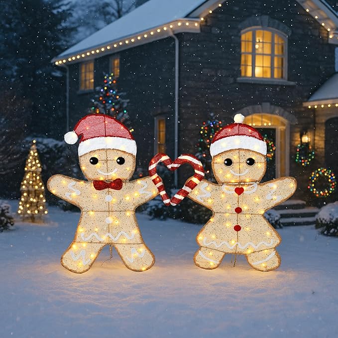 32"H Outdoor Gingerbread Lights, 2D Pre-lit Holiday Lawn Lights Christmas Decorations, 100 Warm White LEDs, Stake-Down Flat Xmas Yard Decor, Ground Decorations for Garden, Porch, Set of 2