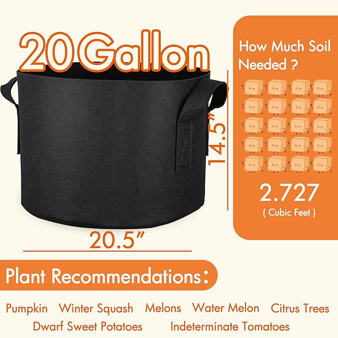 Gardzen 6-Pack 20 Gallon Grow Bags, 500G Thickened Aeration Fabric Pots with Handles, Heavy Duty Cloth Pots for Plants