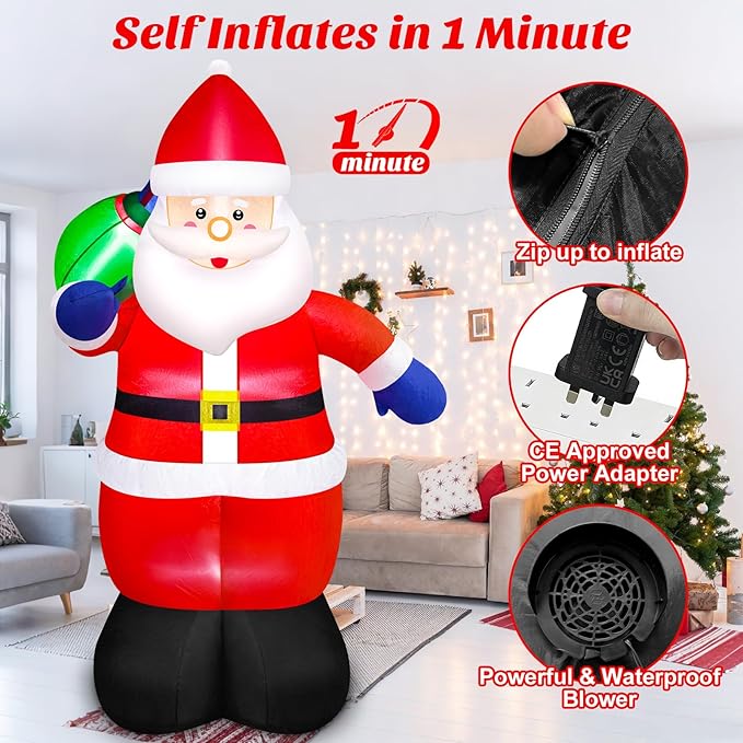 Danxilu 8 FT Christmas Inflatable Santa Claus with Gift Bag Outdoor Decorations, Blow Up Giant Santa IP44 Weatherproof Xmas Decor Built-in LED Lights for Yard Outside Lawn Patio Holiday