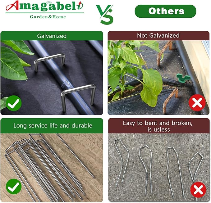 AMAGABELI GARDEN & HOME 200 Pack Galvanized Landscape Staples 8 Inch 11 Gauge Garden Staples Garden Stakes Plant Cover Stakes U-Shaped Landscape Stakes Landscape Pins for Weed Barrier Fabric