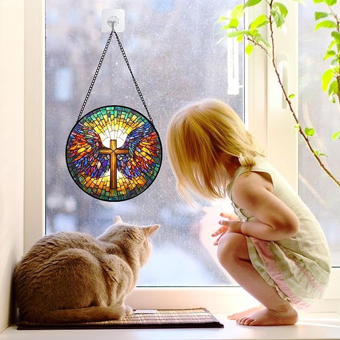 Stained Glass Window Hanging - Jesus Cross Wings Suncatcher Ready to Hang Window Doors Home Decoration and Christmas, Mother's Day Birthday Gifts for Women, Men, and Mom 6.3x6.3 in