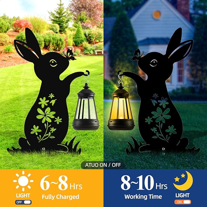 Bunny Solar Garden Stakes, Rabbit Silhouette Decorative with Solar Lantern, Metal Garden Decor for Yard,Lawn,Pathway