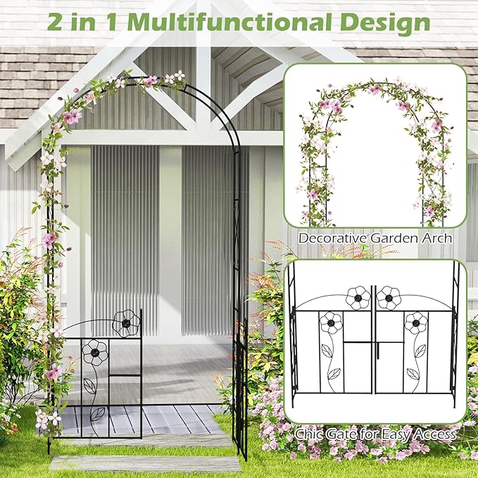 Giantex Garden Arbor with Gate, 7.5FT Metal Arch Trellis for Climbing Plants Rose Ivy, Archway Pergola with Flower Door, 4 Stakes, Garden Arch for Wedding Ceremony Bridal Party Decoration
