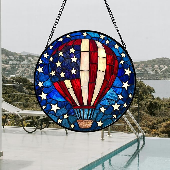 Stained Glass Window Hanging 4 Pcs Set Red Blue Flag Freedom Theme 7.8" - Suncatcher Door Garden Sun Catcher Decor Birthday Christmas for Mom Woman Nana Men Friend