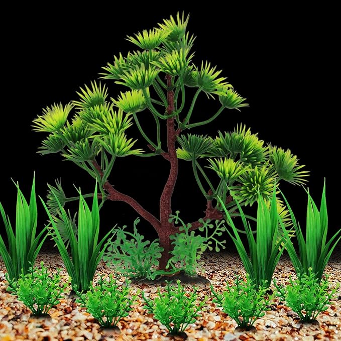 Fish Tank Plants Decorations, 10pcs Aquarium Decor Artificial Plants, Green Plastic Tree Fish Decorations for Tank