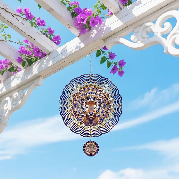 Wind Spinners Outdoor, Purple Brown Elk Deer 3D Stainless Steel Wind Sculpture Spinner for Garden Outside Hanging Decor Mother's Day Christmas Birthday Gifts for Women Men Mom Nana 13.7 in