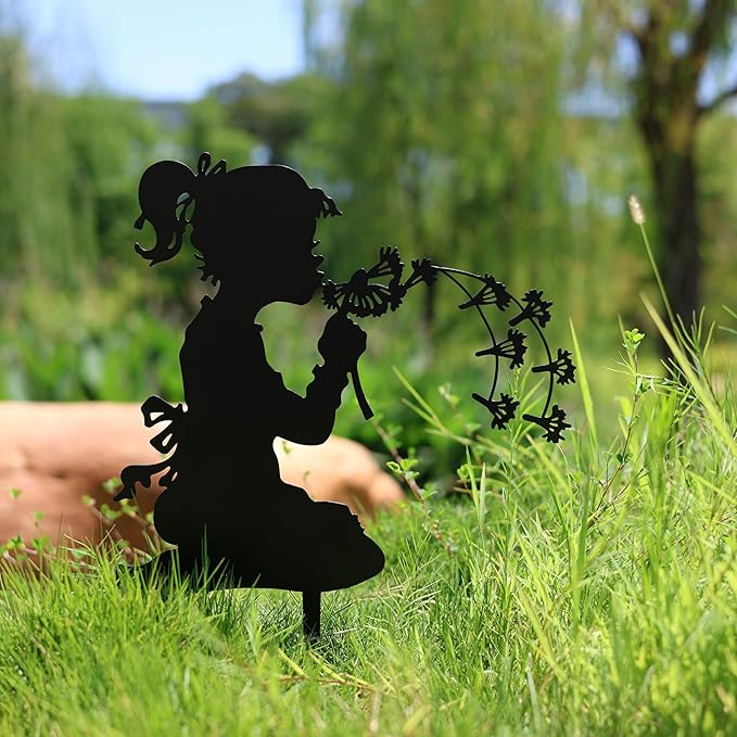Dancing with Dandelions Garden Fairy - 9-Piece Metal Garden Statue Deals for Outdoor, Yard & Lawn - Whimsical Iron Fairy Sculptures Set (11.8 Inch) (Two Dandelion Girls)