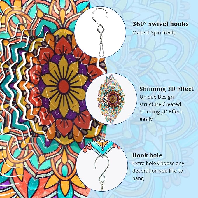 Mandala Daisy Wind Spinner - 12In 3D Kinetic Metal Wind Spinners, Stainless Steel Laser Cut Hanging Wind Sculpture, Indoor/Outdoor Garden & Yard Art Decor Gifts for Women, Men & Holidays