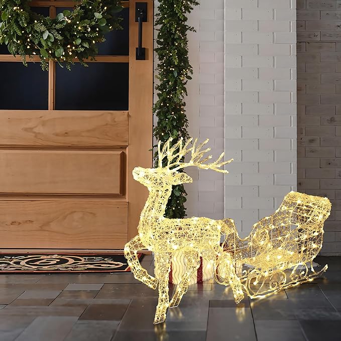 LuxenHome Lighted Reindeer Christmas Outdoor Yard Decorations, Prelit Reindeer and Sleigh Indoor & Outdoor Christmas Decor with 250 LED Lights, Xmas Decorations for Front Porch, Lawn, Garden Display