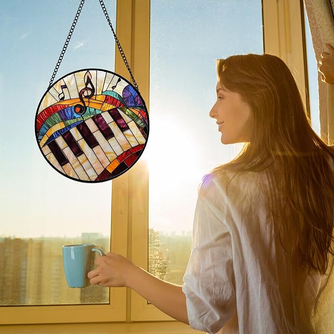 Stained Glass Window Hanging, Piano Notes Sun Catchers Glass Panel Suncatcher Decor for Birthday for Women, Men, Wife, Aunt, and Mom 7.8 in