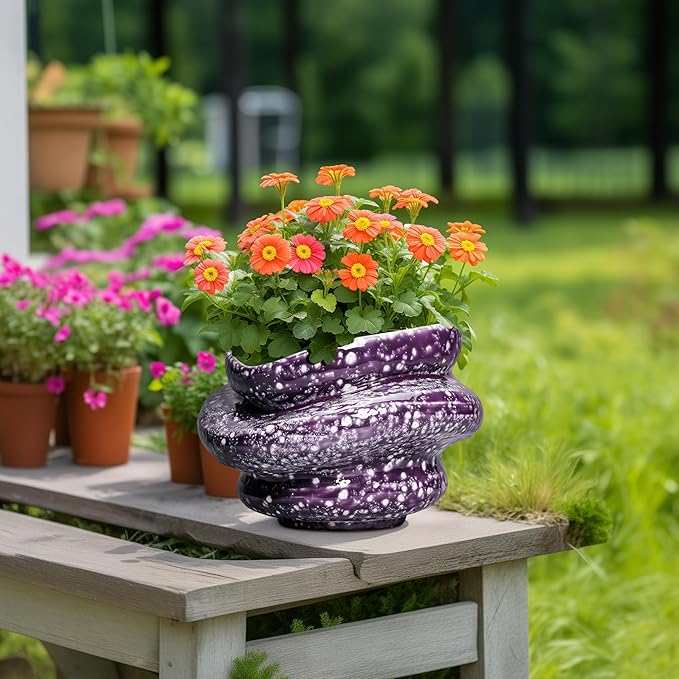 Ceramic Pots for Plants - 11 Inch Ceramic Plant Pots Indoor with Drainage Hole, Unique Planters for Indoor Outdoor Plants, Decorative Planter, Garden Room Decor, Housewarming Gifts, Purple